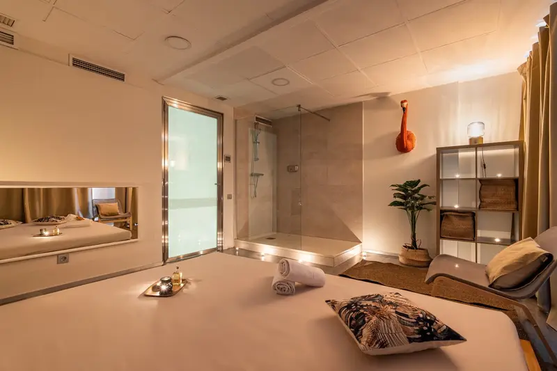 Massage room with warm, low lighting